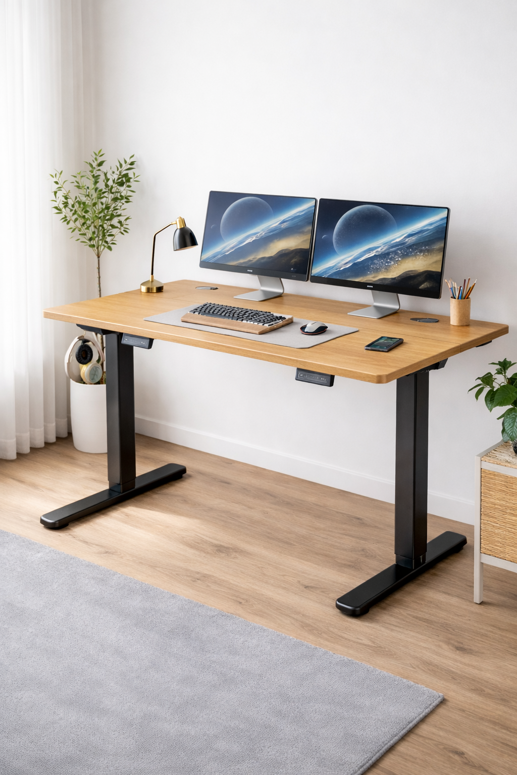 Electric Standing Desk – 40” x 24” Adjustable Sit-Stand Workstation (Oak Finish)
